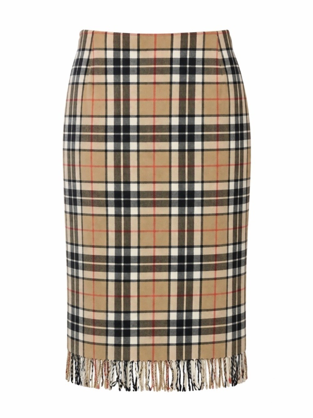 Scottish Vintage plaid tan black red fringe hem wool midi skirt Fits Size 6